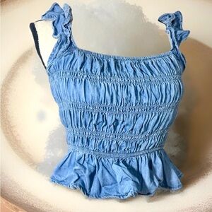Women’s Smocked Tank Top Size S Ruffle Short Crop Solid Blue Shirt Cottage